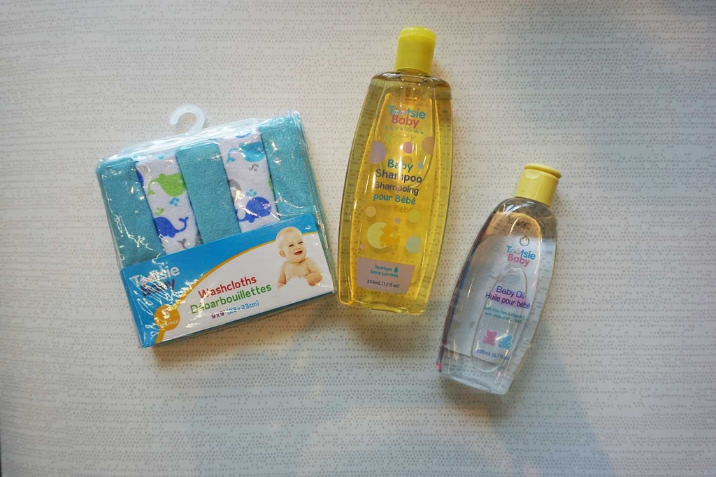 baby shower gifts shampoo, baby oil, washcloths